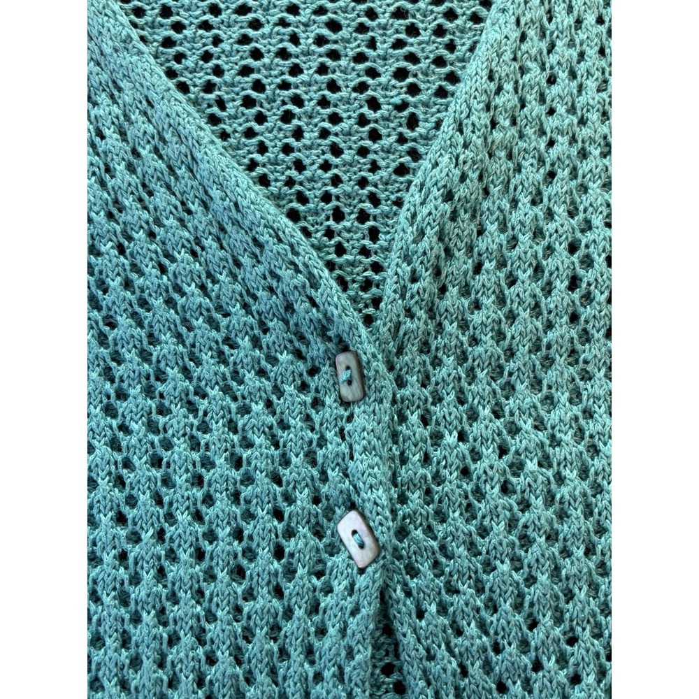 Sigrid Olsen Cardigan Sweater~L~Turquoise Crochet Knit Linen Bld 2 Button Resort - Picture 12 of 15